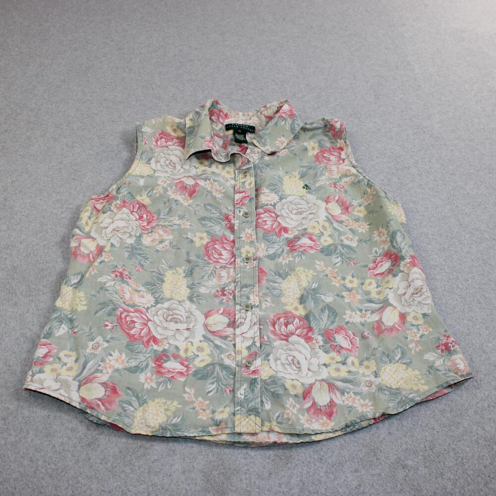 Vintage Lauren Ralph Linen Shirt Women 16 Floral Sleeveless Button Romantic Boho